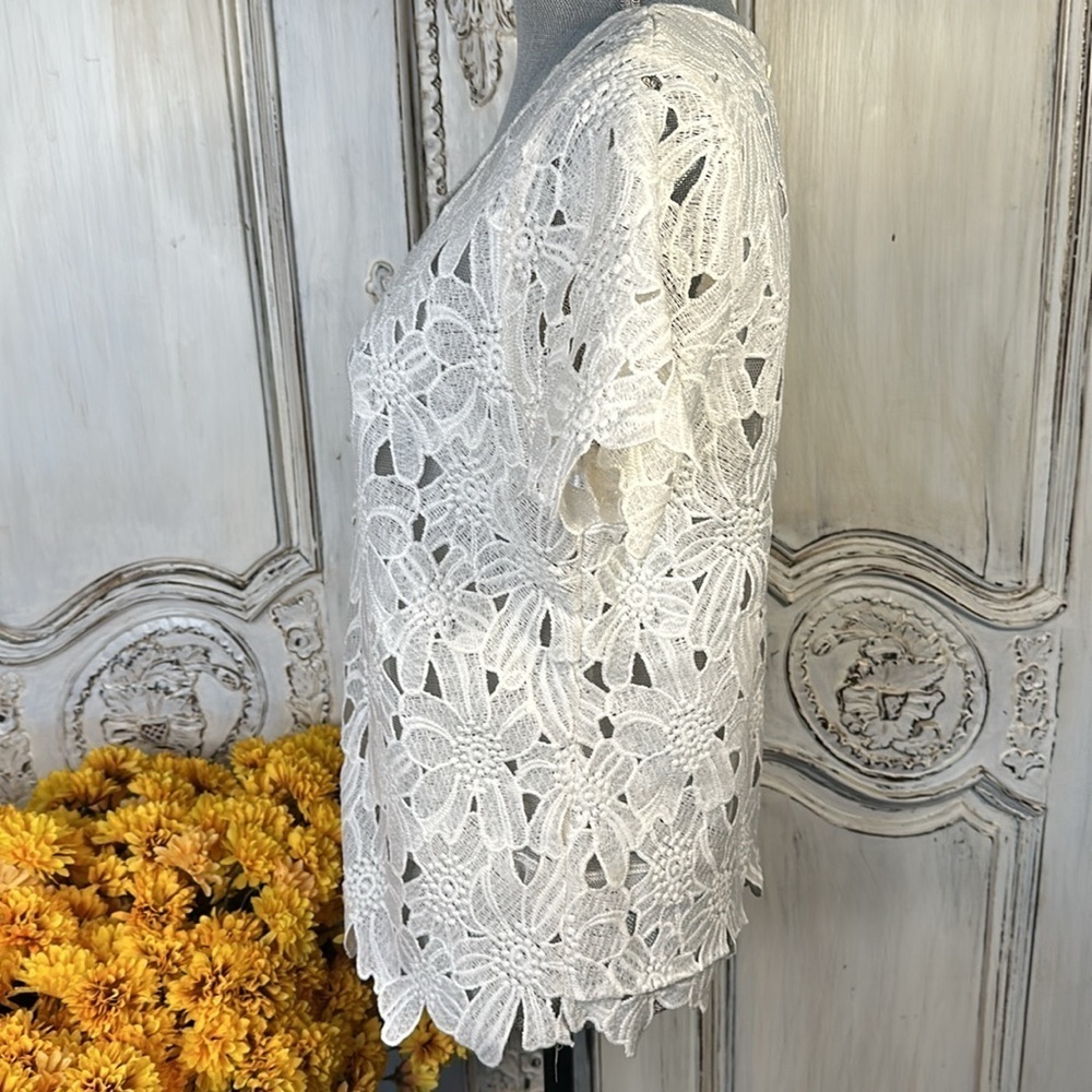 Japna Cotton Blend Heavy White Lace High Neck Short Sleeve Top Size Size Med - Picture 4 of 10